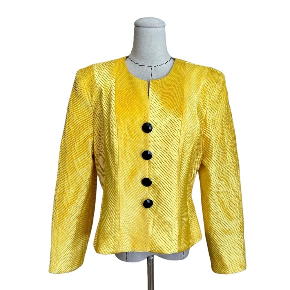 Vintage 80s Karen Lawrence Yellow Satin Pleated Evening Jacket Large